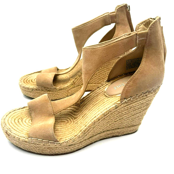 KENNETH COLE Women's 9.5 Olivia T-Strap Leather‎ Beige Espadrille Wedge Sandals - Picture 2 of 9